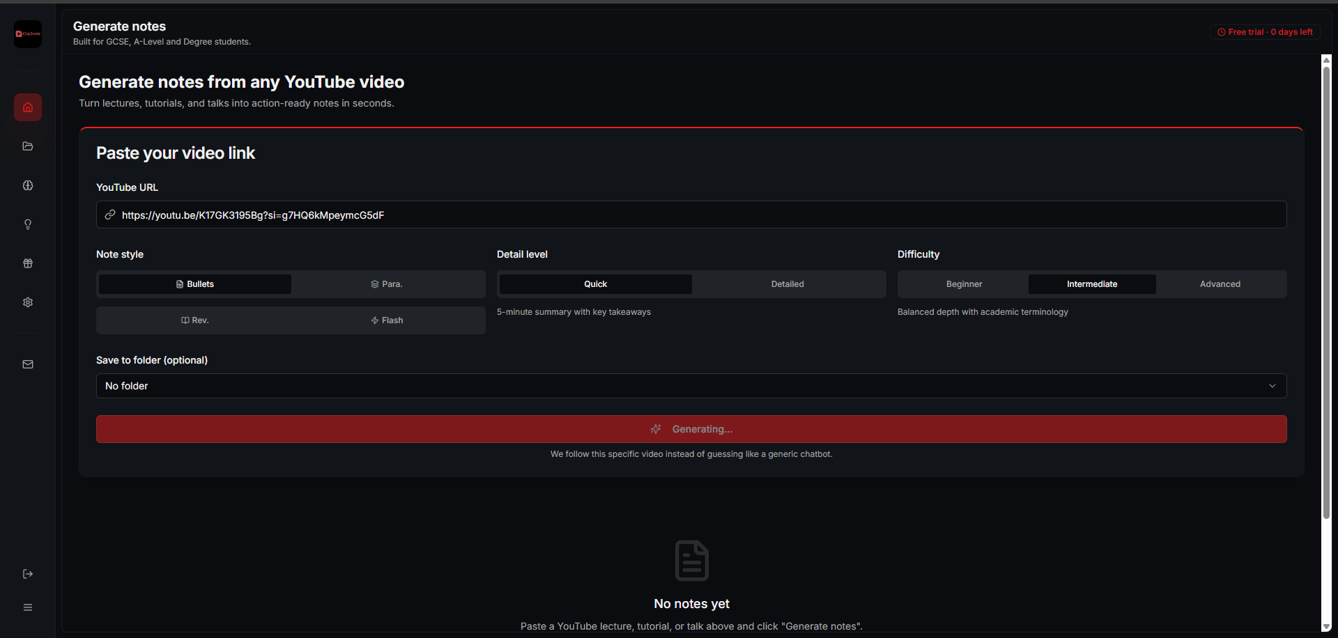 Paste your YouTube link into Clip2Note
